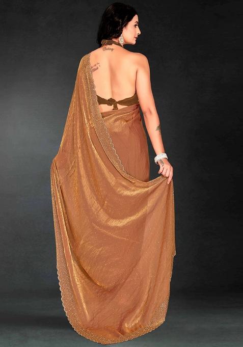 Brown Zarkan Diamond Cut Dana Border Two Tone Silk Saree Set