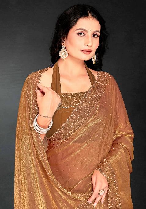 Brown Zarkan Diamond Cut Dana Border Two Tone Silk Saree Set