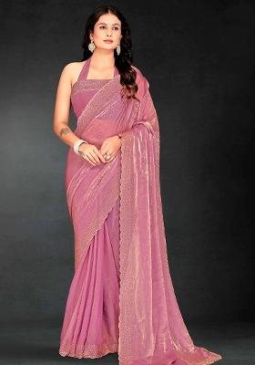 Pink Zarkan Diamond Cut Dana Border Two Tone Silk Saree Set