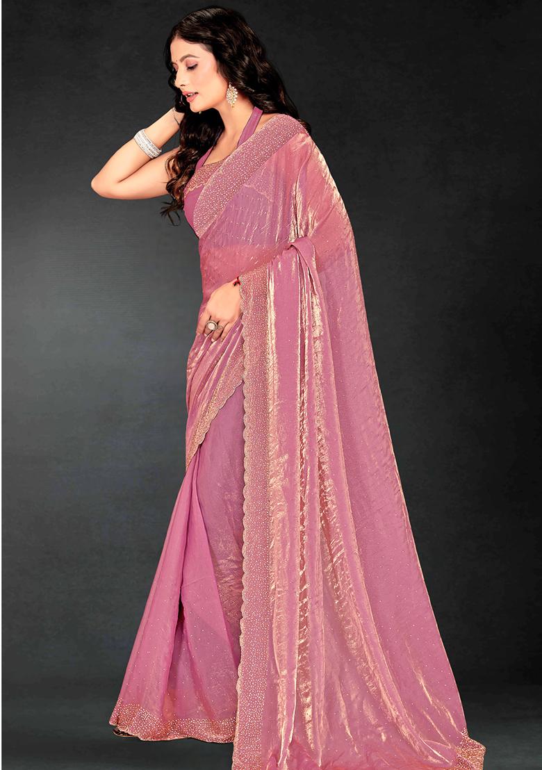Pink Zarkan Diamond Cut Dana Border Two Tone Silk Saree Set