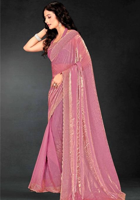 Pink Zarkan Diamond Cut Dana Border Two Tone Silk Saree Set