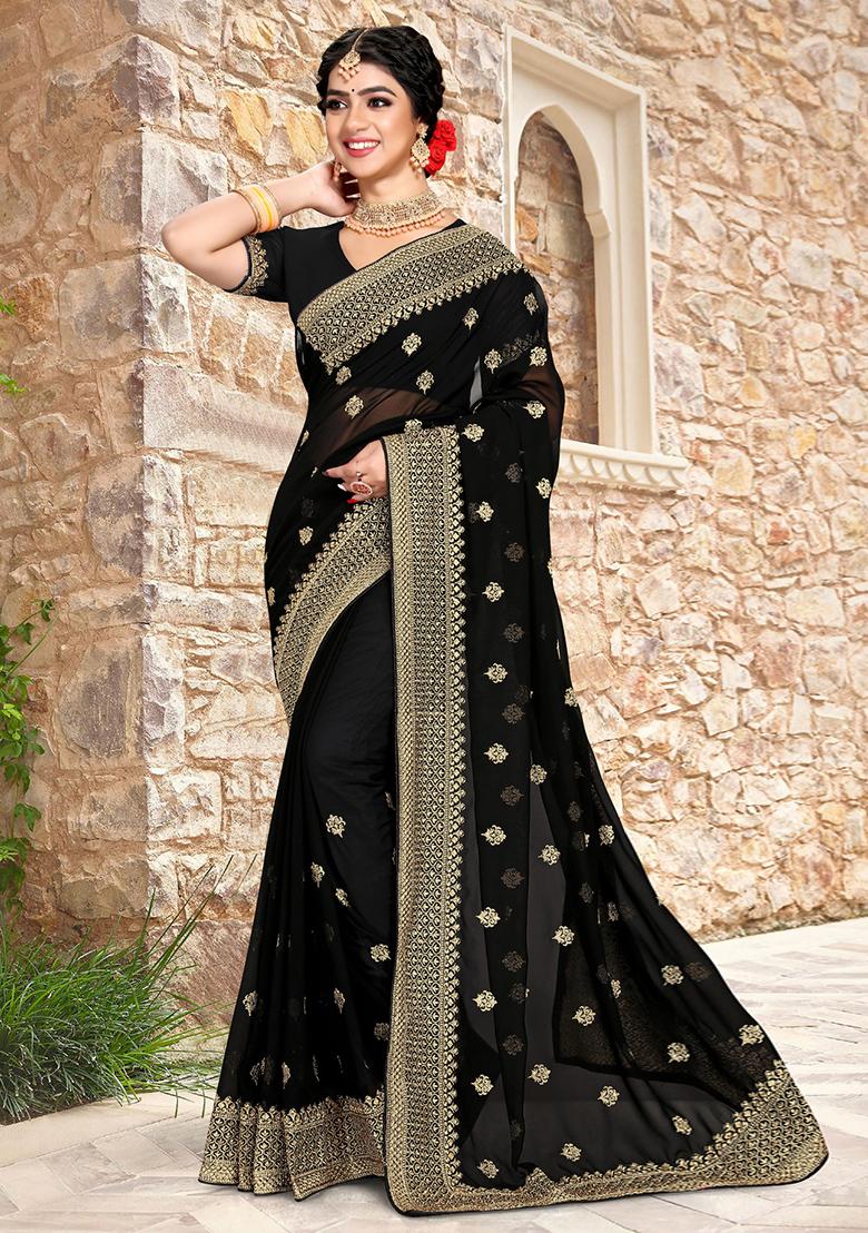 Black Sequin Zari Embroidered Georgette Saree Set