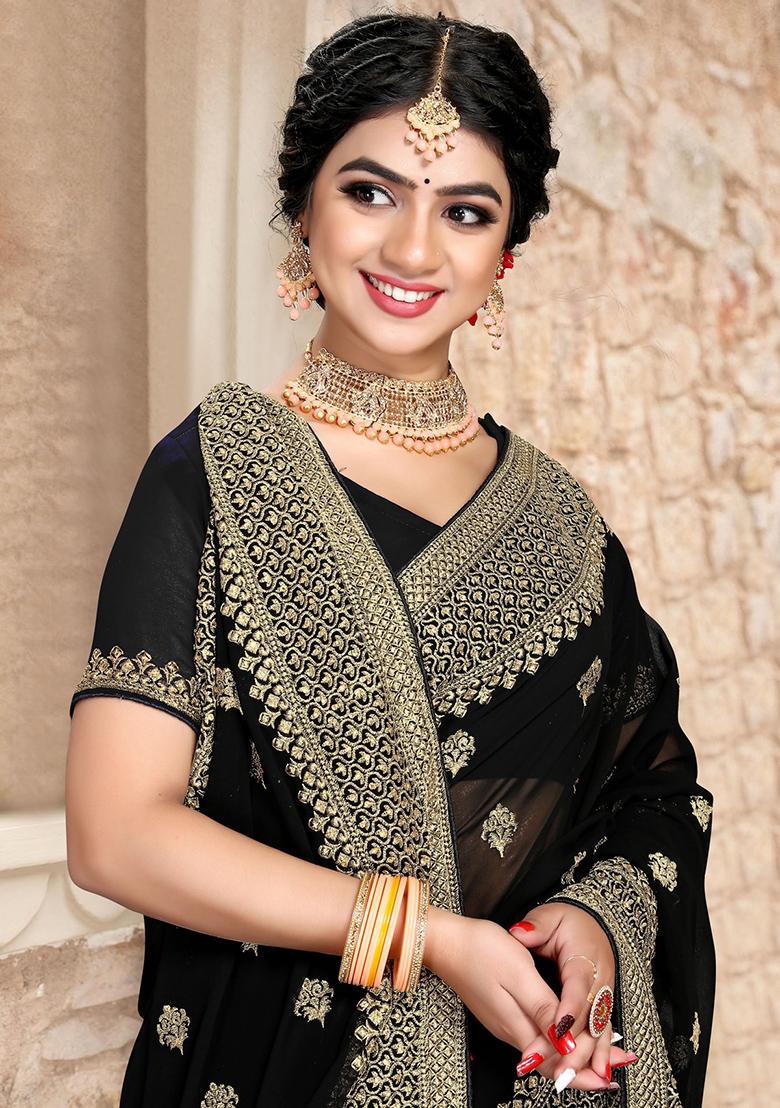 Black Sequin Zari Embroidered Georgette Saree Set
