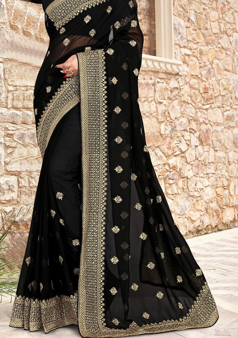 Black Sequin Zari Embroidered Georgette Saree Set