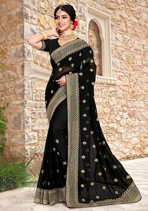 Black Sequin Zari Embroidered Georgette Saree Set