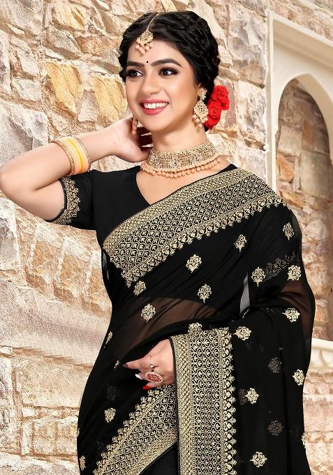 Black Sequin Zari Embroidered Georgette Saree Set