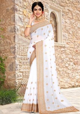 White Sequin Zari Embroidered Georgette Saree Set