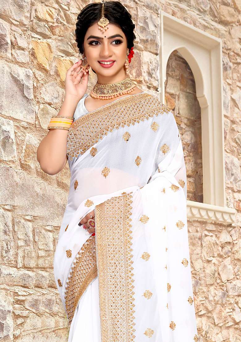 White Sequin Zari Embroidered Georgette Saree Set for Diwali and Festive Wear - Indya