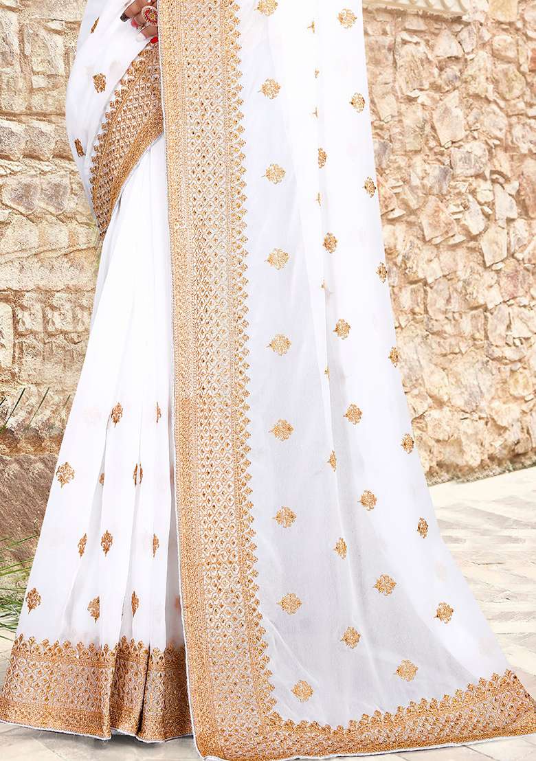 White Sequin Zari Embroidered Georgette Saree Set for Diwali and Festive Wear - Indya