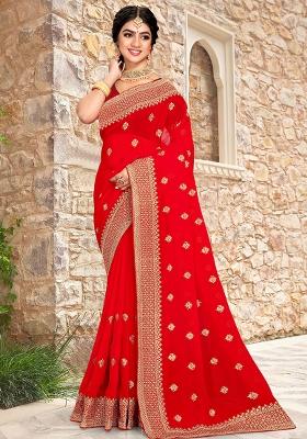 Red Sequin Zari Embroidered Georgette Saree Set