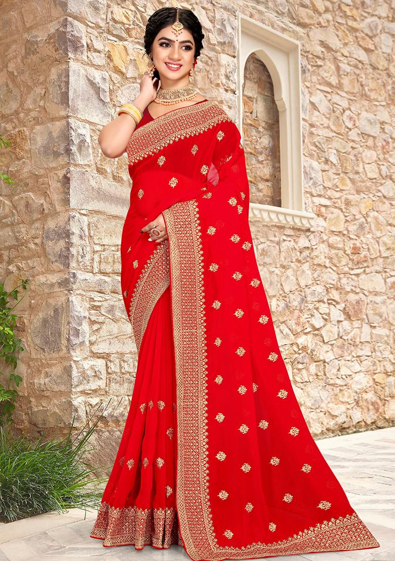 Red Sequin Zari Embroidered Georgette Saree Set