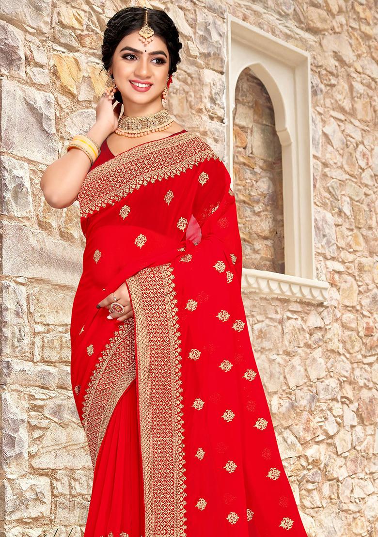 Red Sequin Zari Embroidered Georgette Saree Set
