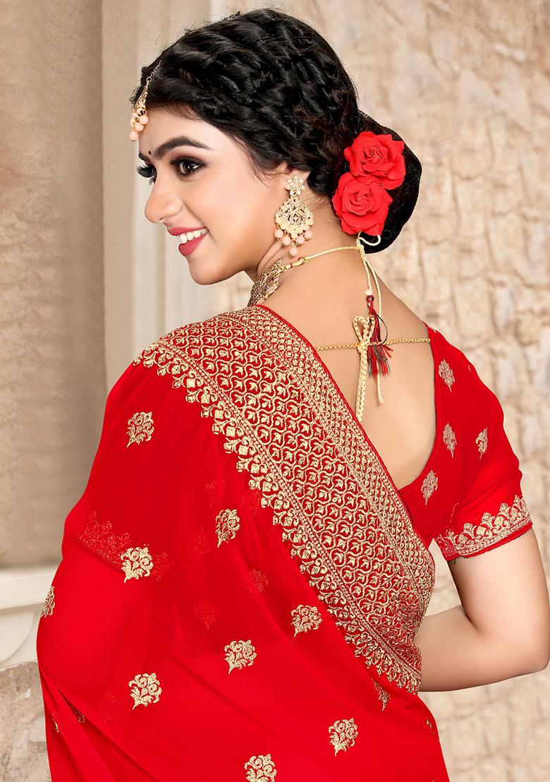 Red Sequin Zari Embroidered Georgette Saree Set