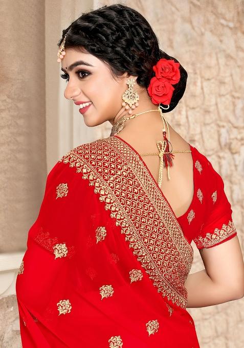 Red Sequin Zari Embroidered Georgette Saree Set