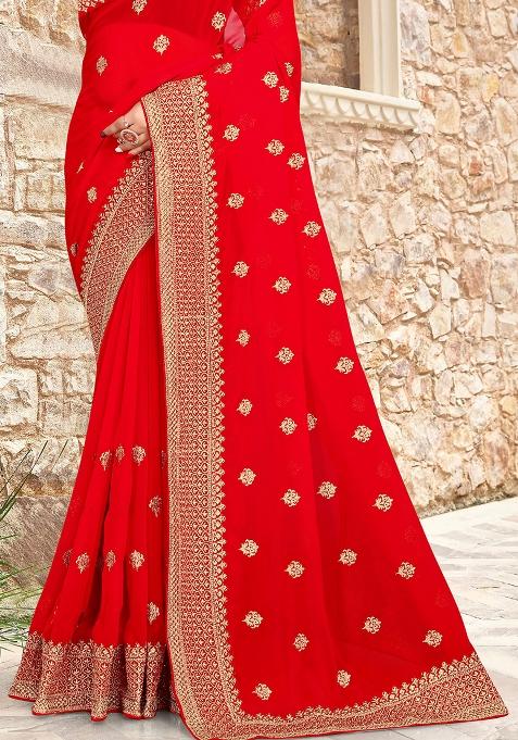 Red Sequin Zari Embroidered Georgette Saree Set
