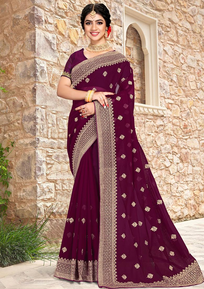 Wine Sequin Zari Embroidered Georgette Saree Set