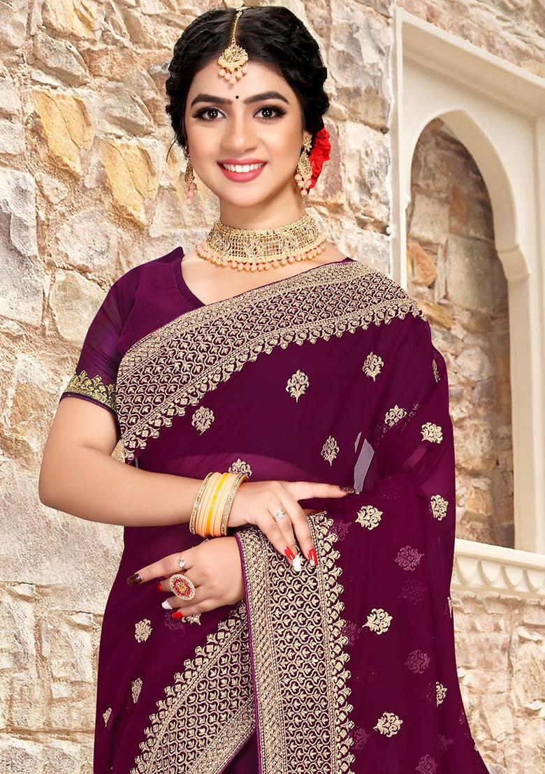 Wine Sequin Zari Embroidered Georgette Saree Set