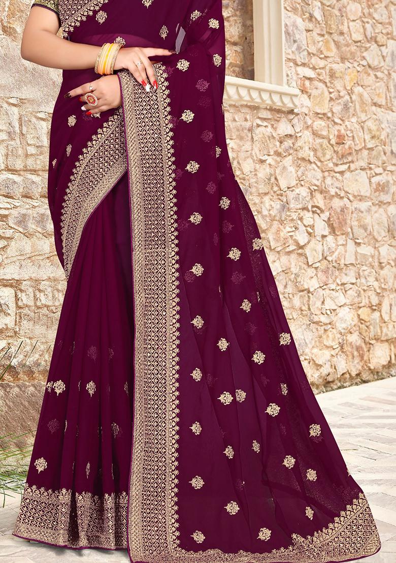 Wine Sequin Zari Embroidered Georgette Saree Set