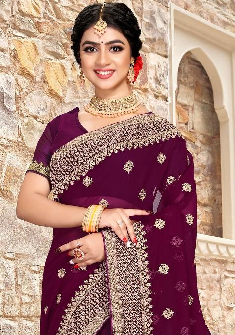 Wine Sequin Zari Embroidered Georgette Saree Set
