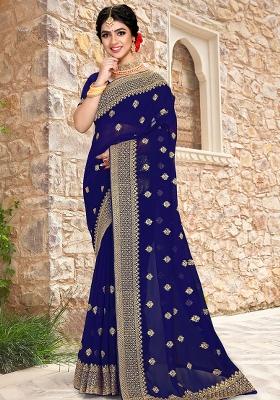 Navy Blue Sequin Zari Embroidered Georgette Saree Set
