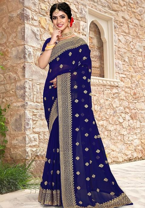 Navy Blue Sequin Zari Embroidered Georgette Saree Set