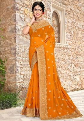 Mustard Sequin Zari Embroidered Georgette Saree Set