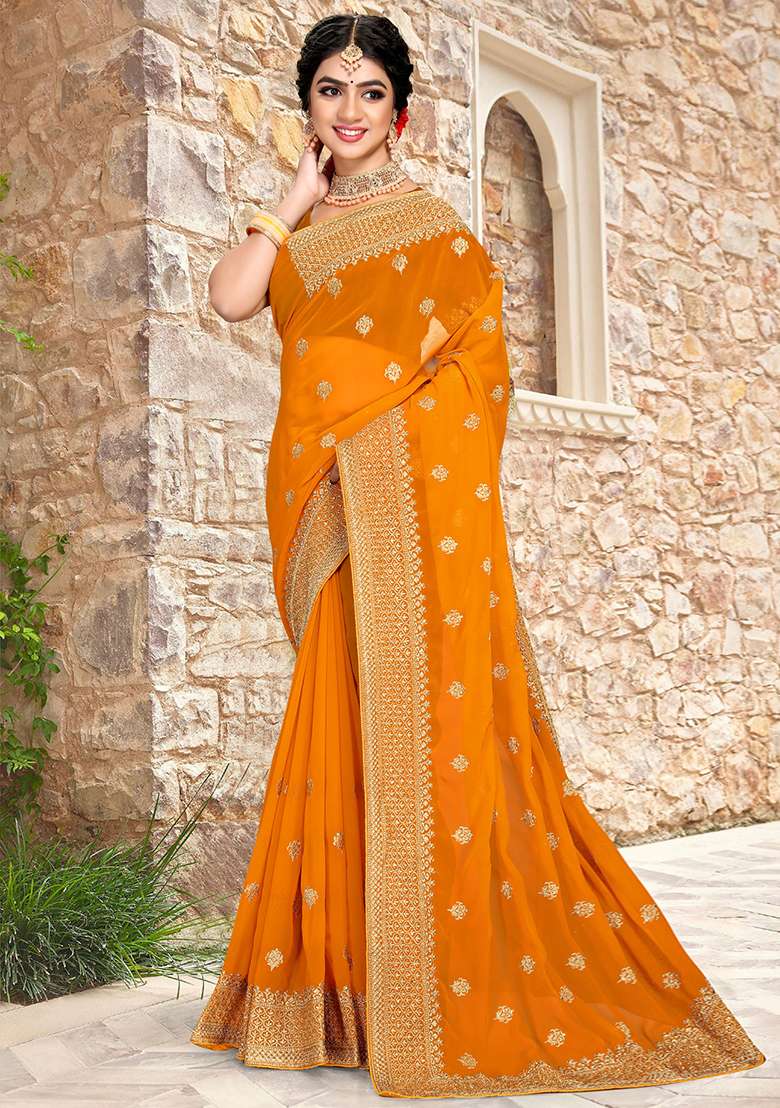 Mustard Zari Georgette Saree Set with Embroidered & Sequin for Diwali | Wedding & Festive Wear - Indya