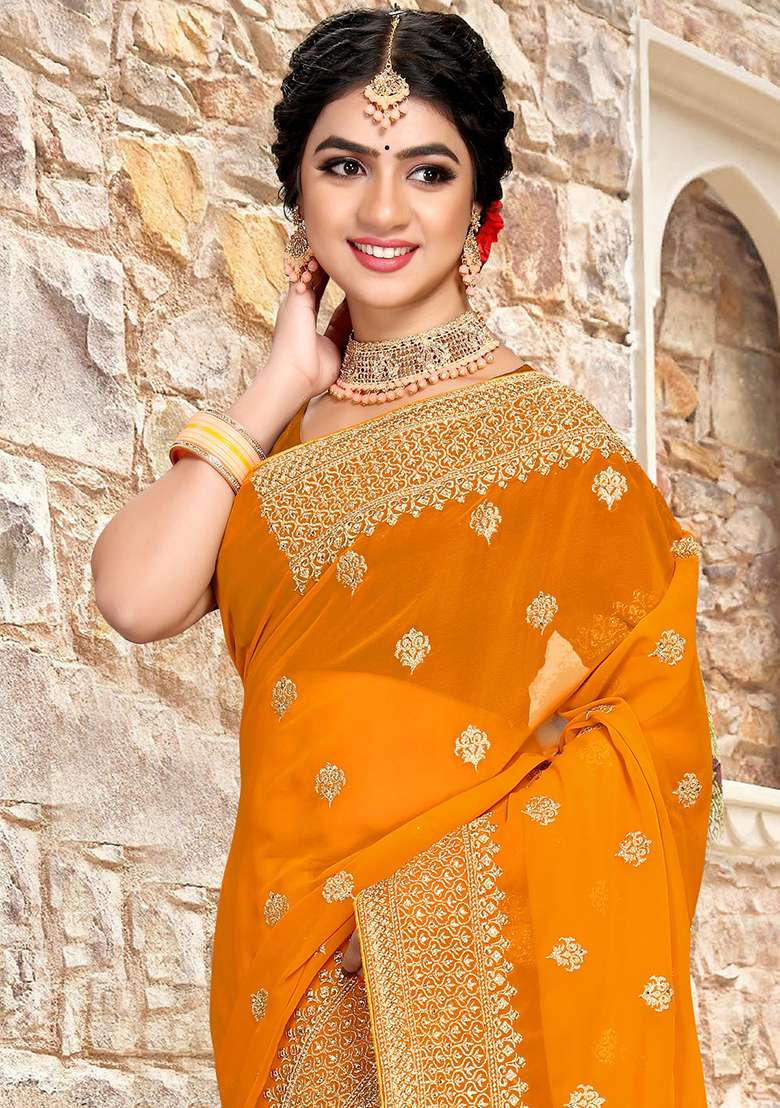 Mustard Zari Georgette Saree Set with Embroidered & Sequin for Diwali | Wedding & Festive Wear - Indya