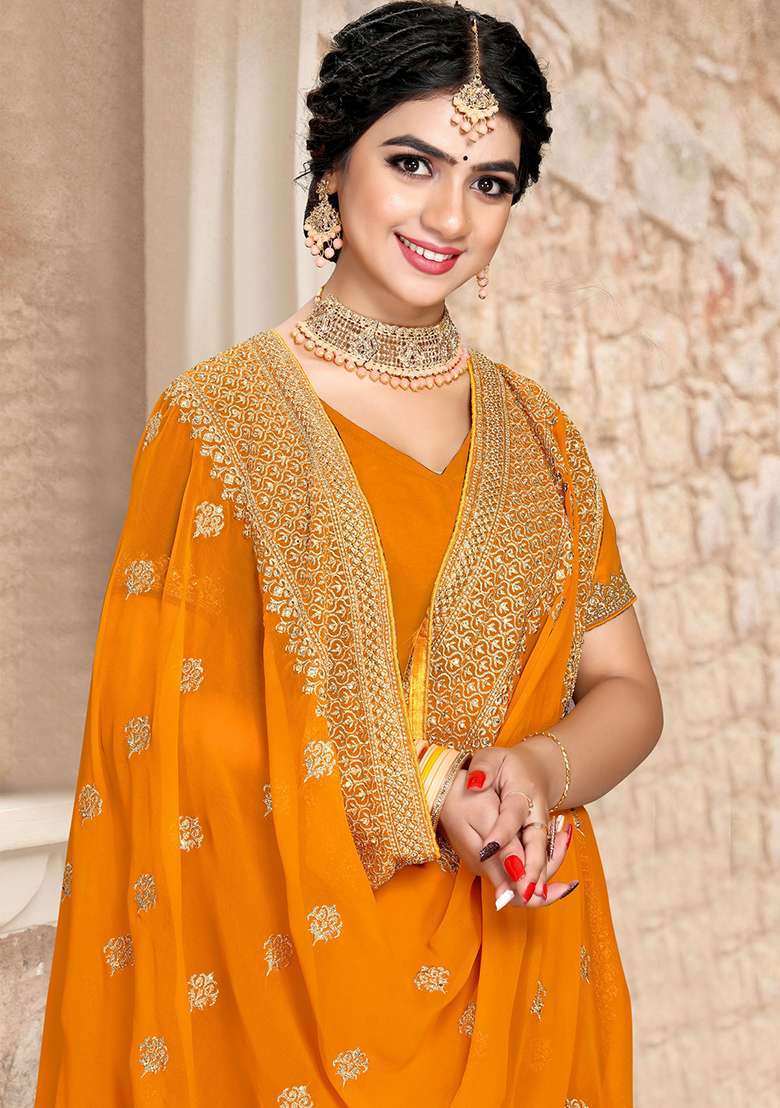 Mustard Zari Georgette Saree Set with Embroidered & Sequin for Diwali | Wedding & Festive Wear - Indya