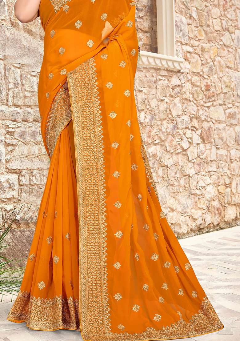 Mustard Zari Georgette Saree Set with Embroidered & Sequin for Diwali | Wedding & Festive Wear - Indya