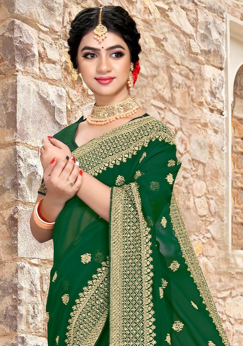 Bottle Green Sequin Zari Embroidered Georgette Saree Set