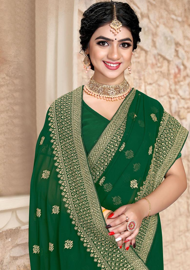 Bottle Green Sequin Zari Embroidered Georgette Saree Set