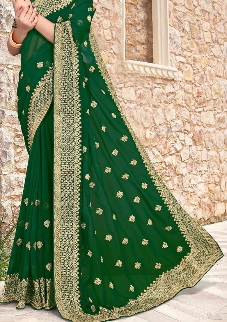 Bottle Green Sequin Zari Embroidered Georgette Saree Set