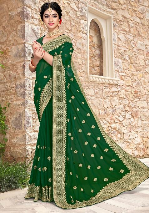 Bottle Green Sequin Zari Embroidered Georgette Saree Set