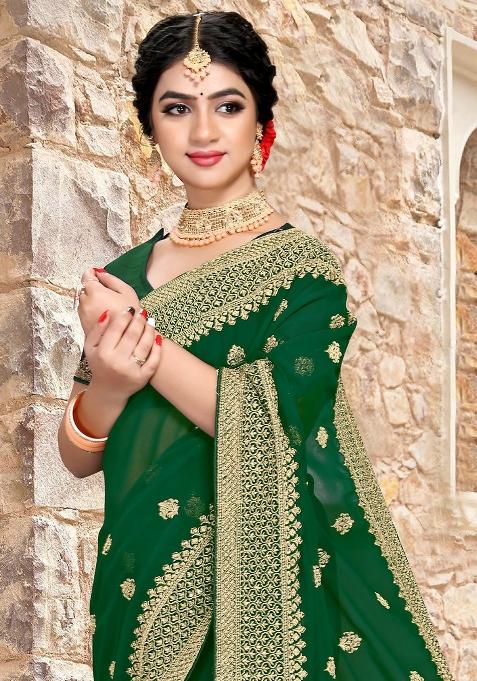 Bottle Green Sequin Zari Embroidered Georgette Saree Set
