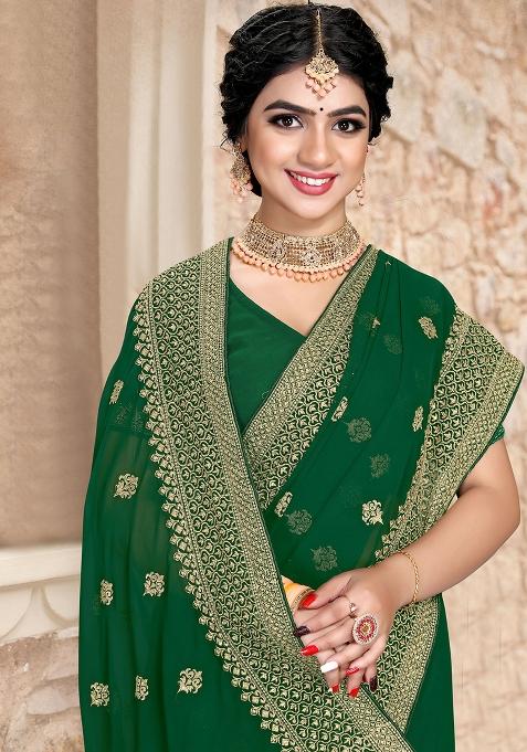 Bottle Green Sequin Zari Embroidered Georgette Saree Set