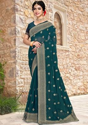 Teal Blue Sequin Zari Embroidered Georgette Saree Set