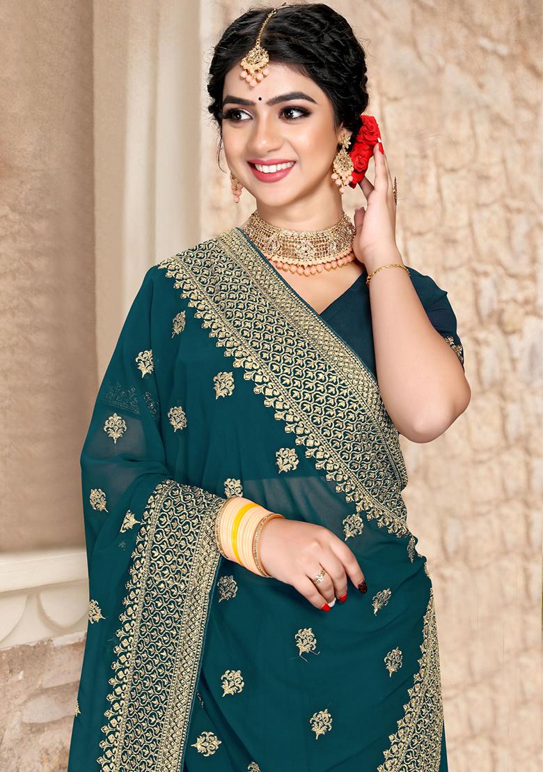 Teal Blue Sequin Zari Embroidered Georgette Saree Set