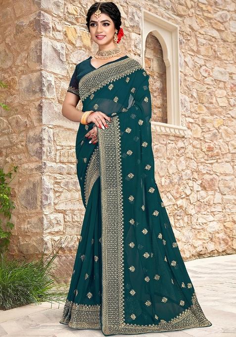Teal Blue Sequin Zari Embroidered Georgette Saree Set