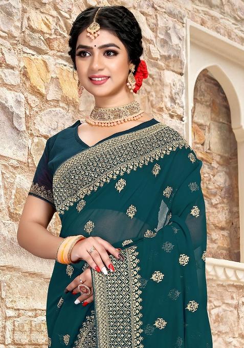 Teal Blue Sequin Zari Embroidered Georgette Saree Set