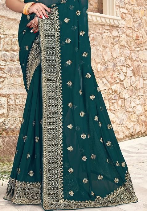 Teal Blue Sequin Zari Embroidered Georgette Saree Set