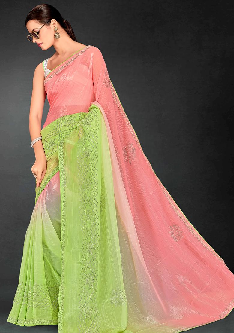 Green Siroski Stone Border Art Silk Saree Set