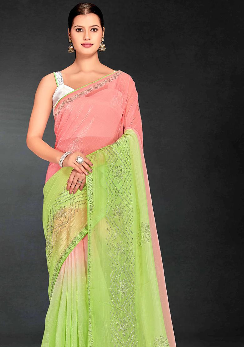 Green Siroski Stone Border Art Silk Saree Set