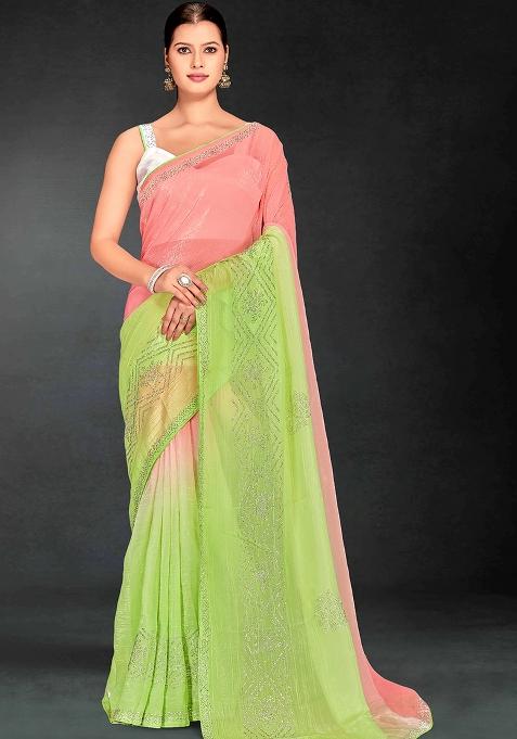 Green Siroski Stone Border Art Silk Saree Set