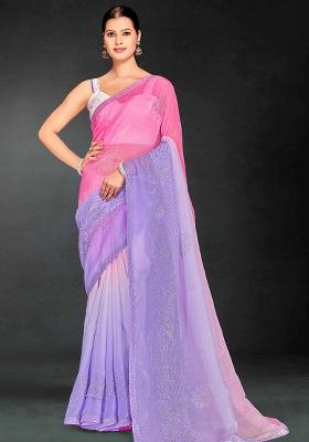 Purple Siroski Stone Border Art Silk Saree Set