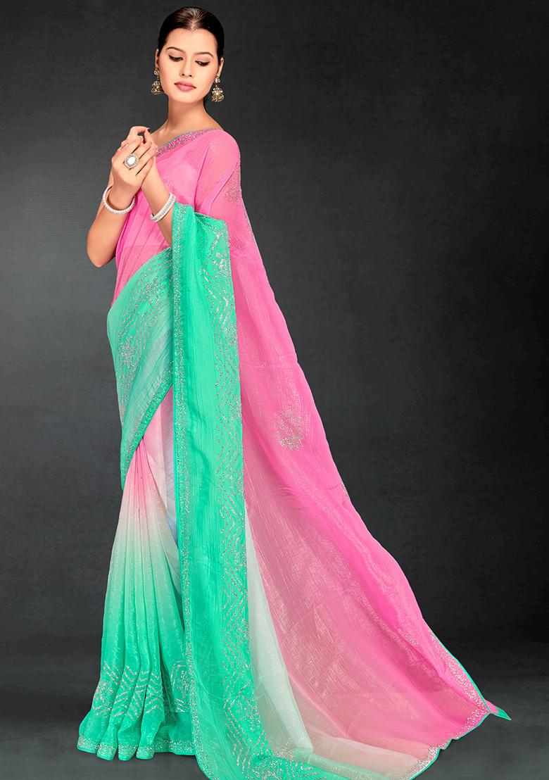 Sea Green Siroski Stone Border Art Silk Saree Set