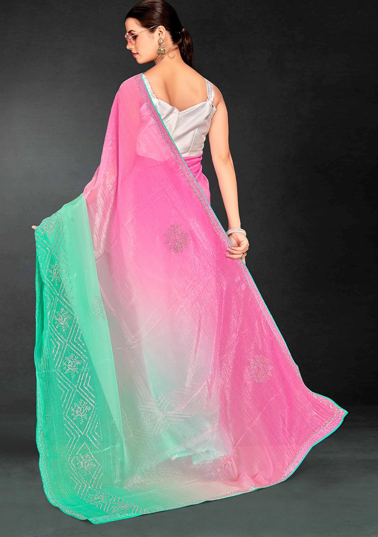 Sea Green Siroski Stone Border Art Silk Saree Set