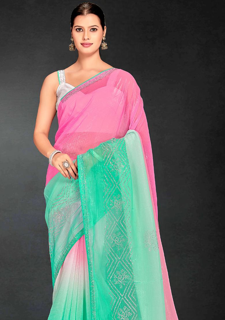 Sea Green Siroski Stone Border Art Silk Saree Set