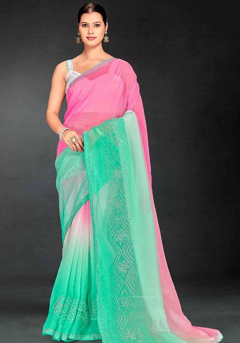 Sea Green Siroski Stone Border Art Silk Saree Set