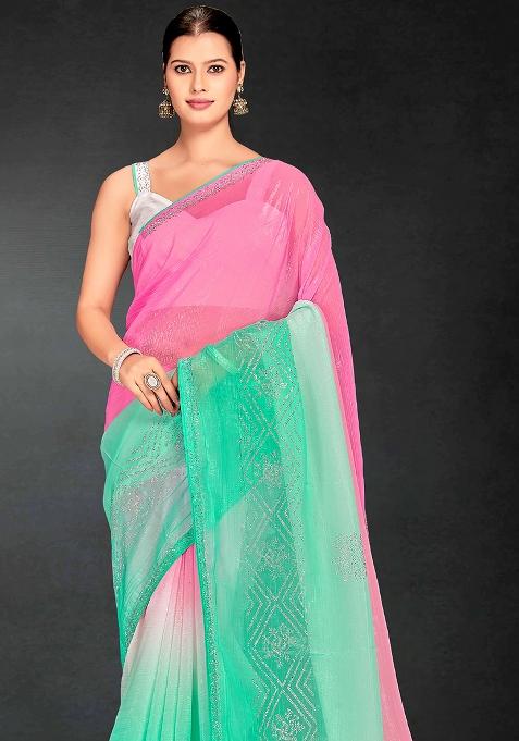 Sea Green Siroski Stone Border Art Silk Saree Set